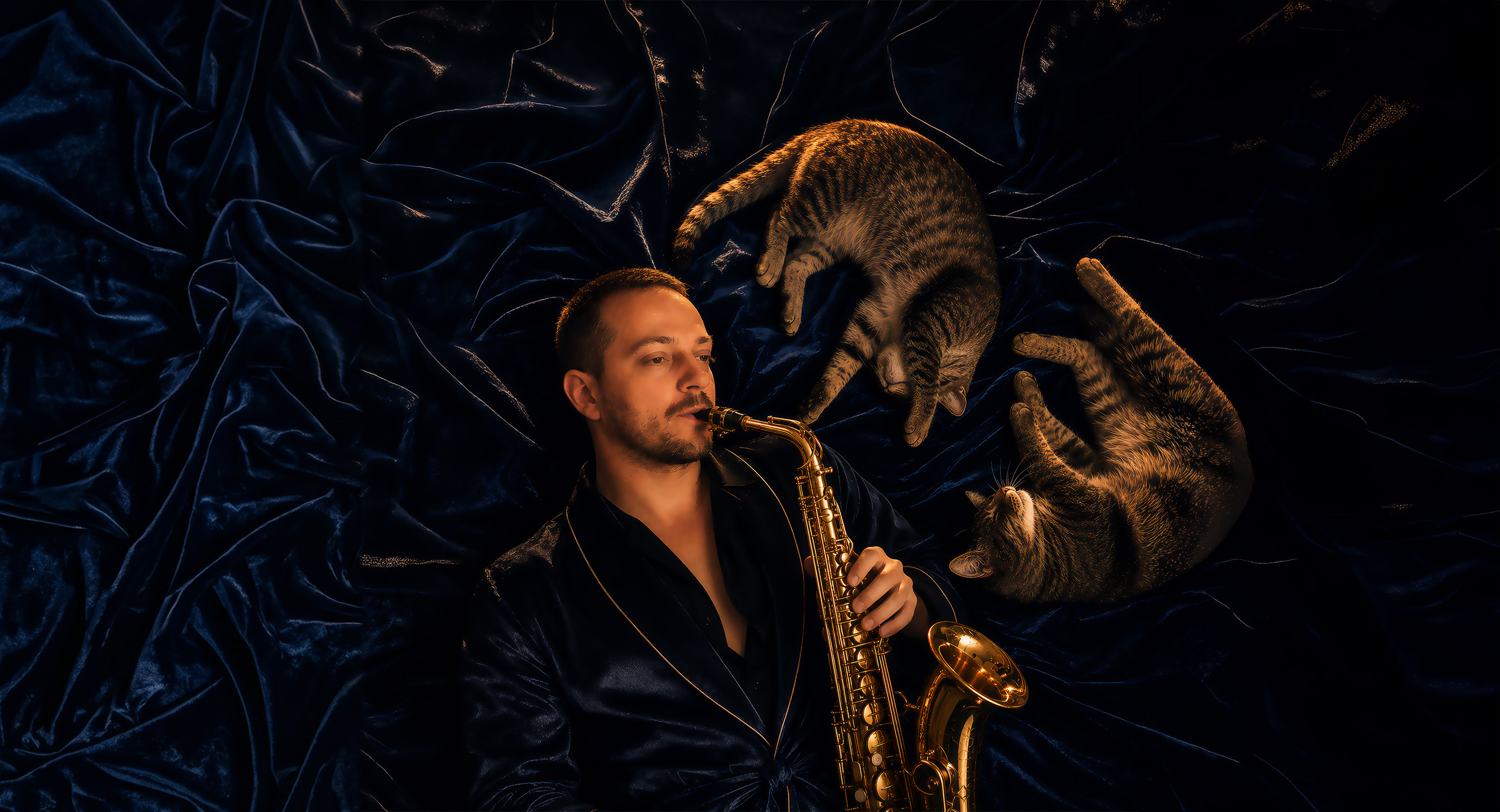 Cinematic portrait of ILKER TUYENC with saxophone in deep blue lighting.