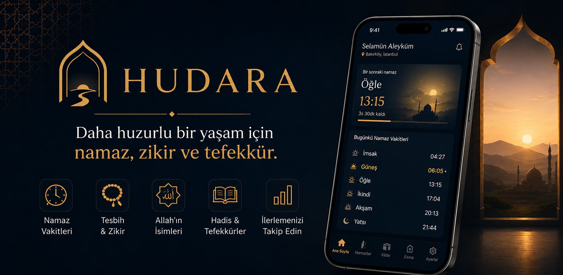 Hudara mobile app showcase with prayer times, remembrance and reflection visuals.
