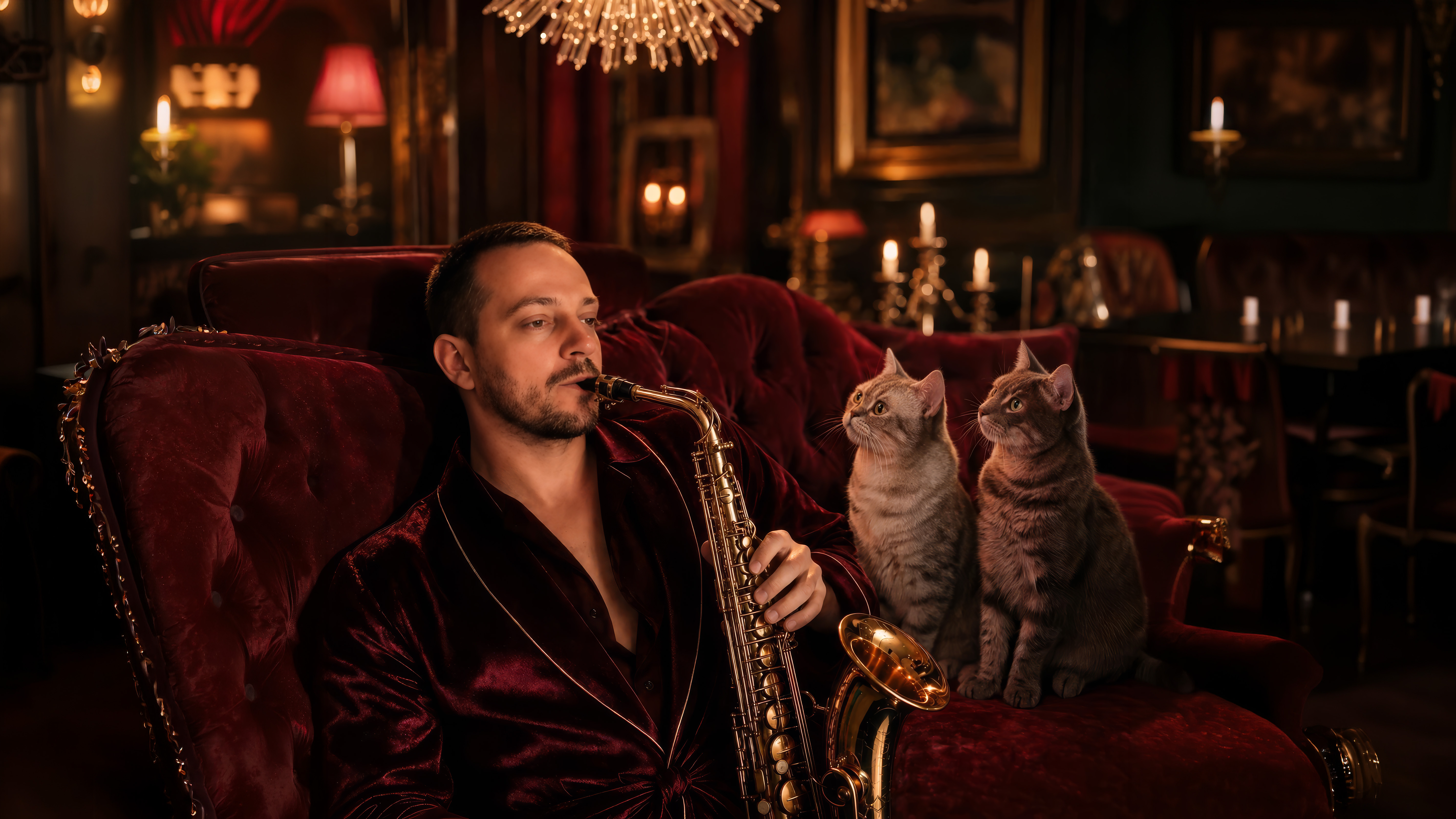 Warm red velvet lounge portrait of ILKER TUYENC with saxophone.
