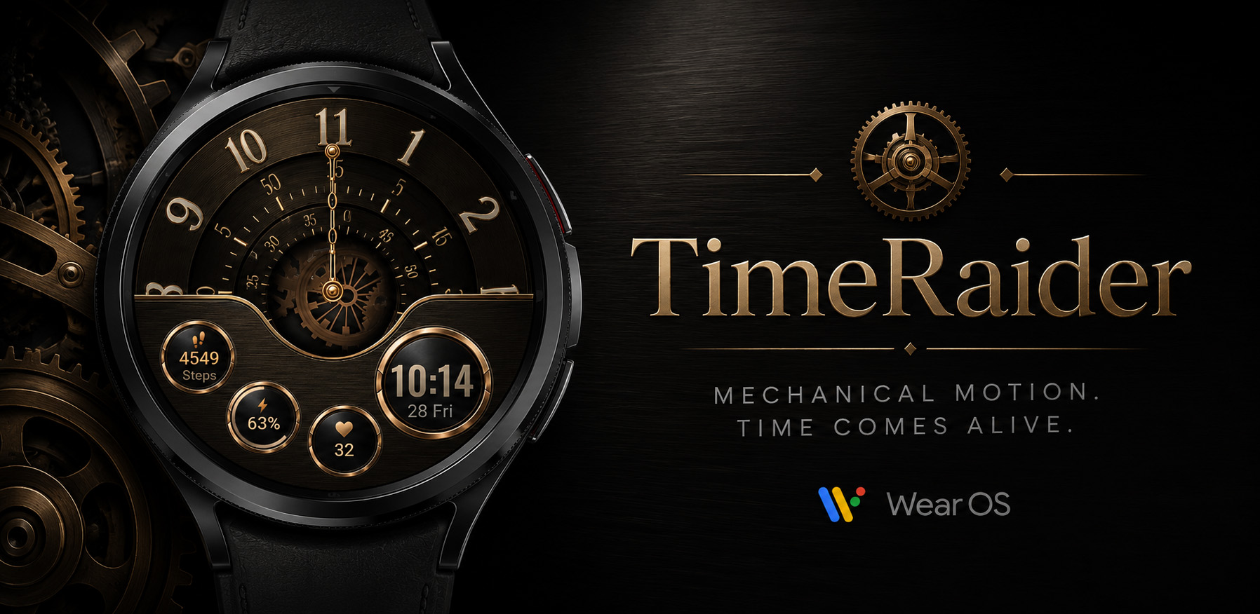 TimeRider Wear OS watch face showcase with dark mechanical bronze styling.