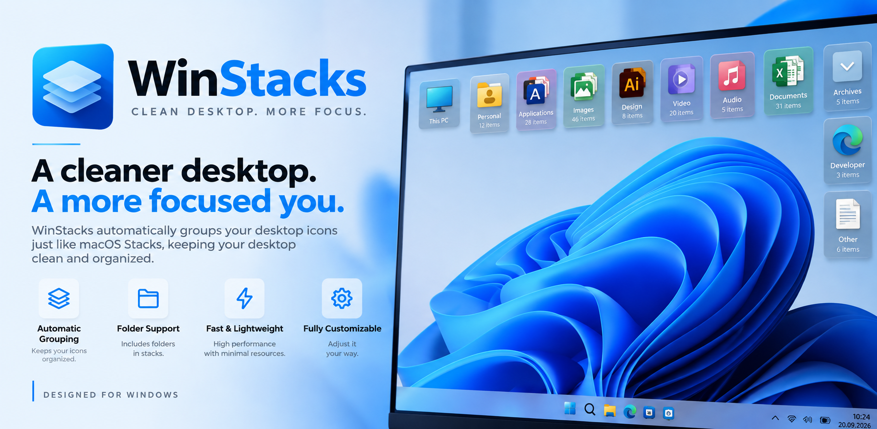 WinStacks desktop organization showcase for Windows.