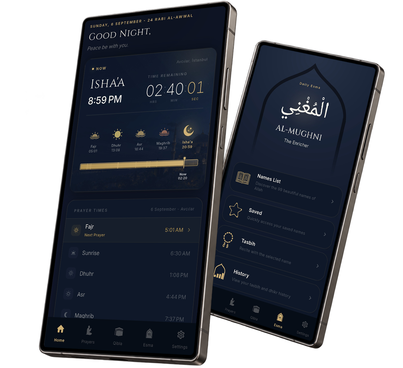 HUDARA prayer times and Daily Esma on two Android phones.